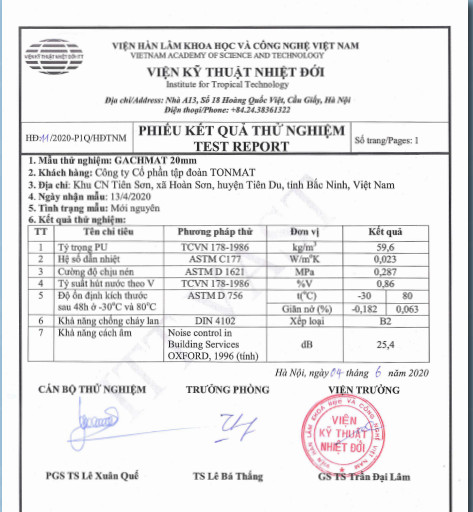 Chứng nhận kiểm định của tấm Gạch Mát